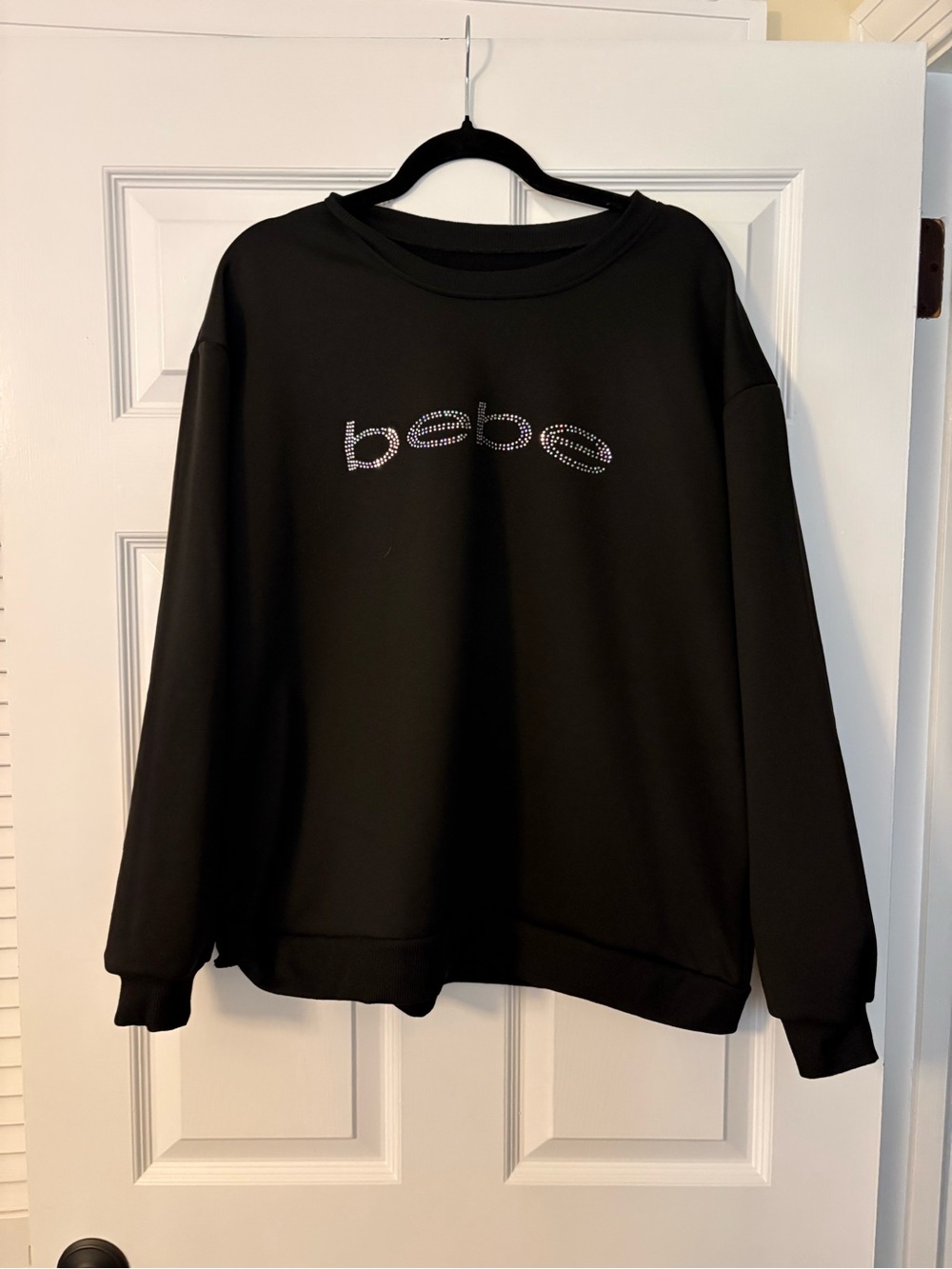 bebe Black Crewneck Sweater with Rhinestone Logo